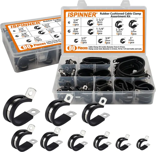 ISPINNER 80Pcs Cable Clamps Assortment Kit, 304 Stainless Steel Rubber Cushioned