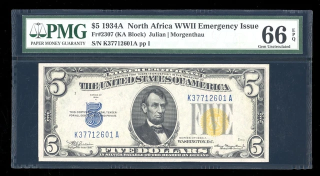 DBR 1934-A $5 North Africa Gem Fr. 2307 KA Block PMG 66 EPQ Serial K37712601A
