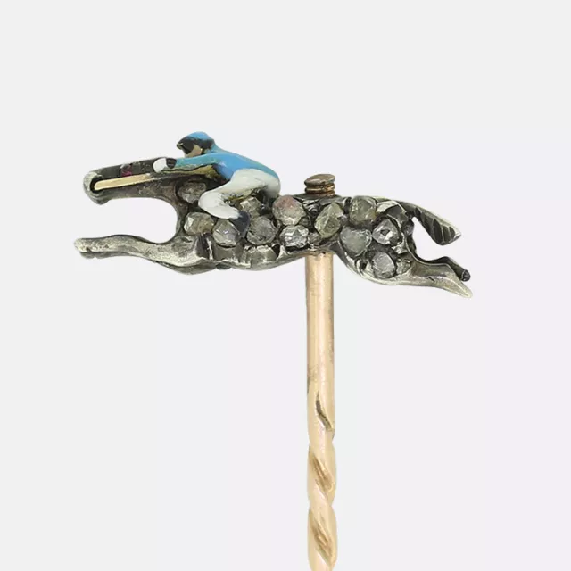 Gold Diamant Pin - Viktorianisches Pferd und Jockey Diamant Stick Pin Gold und Silber