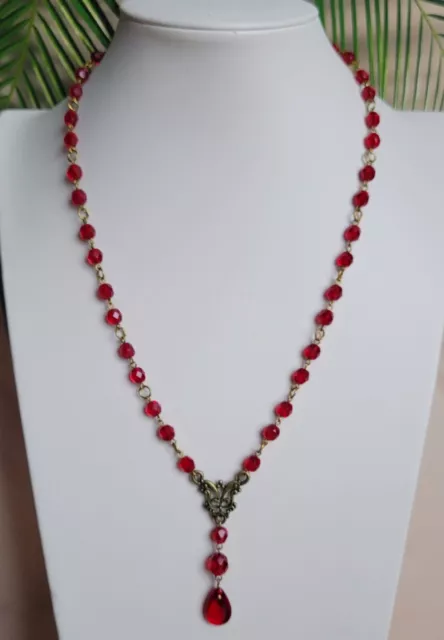 Vintage Red Necklace 20'' Garnet Czech Glass Beads Women's Jewelry Art Deco