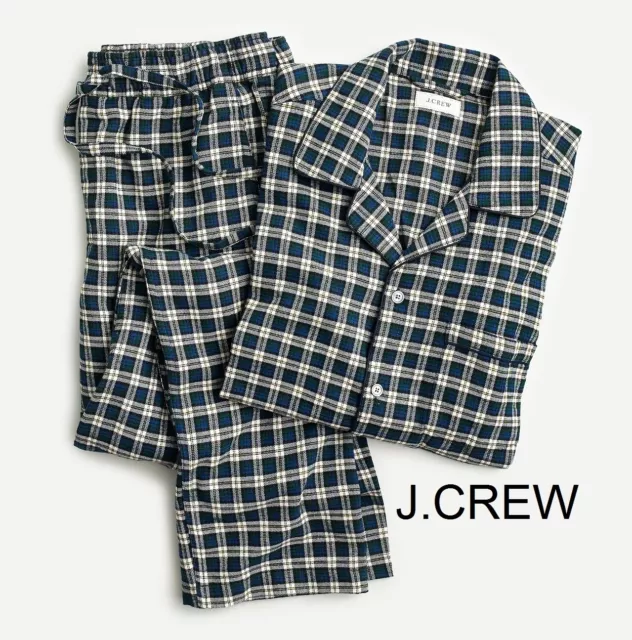 JCREW pajama set pants shirt flannel cotton green white check plaid tartan NWT
