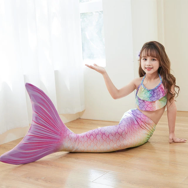 Girls Mermaid Tail Swimming Costume Swimmable Bikini Set Summer Swimsuit UK