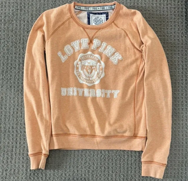 Victorias Secret Pink University Crew Neck sweatshirt Sz Medium Peach And White.