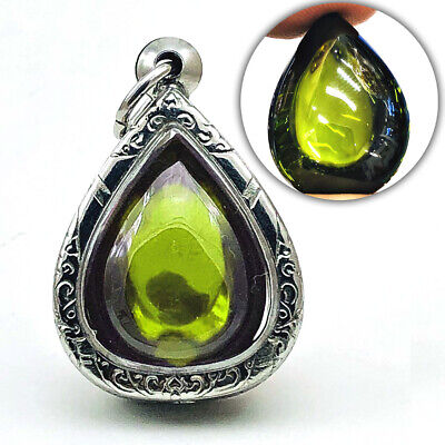 Leklai Naga Eye Crystal Healing Gem Stone Teardrop Dark Green Thai Amulet #16634