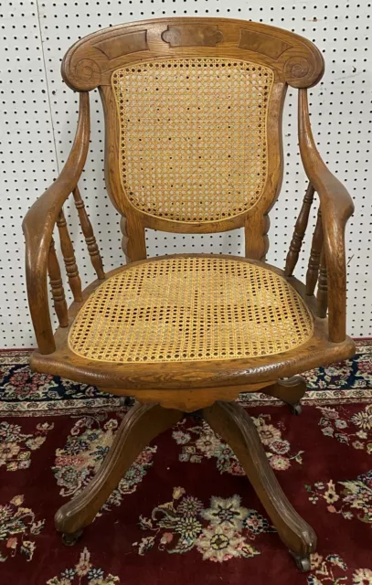 Antique American Victorian Golden Oak & Walnut Roll Top Office Desk Chair  C1870