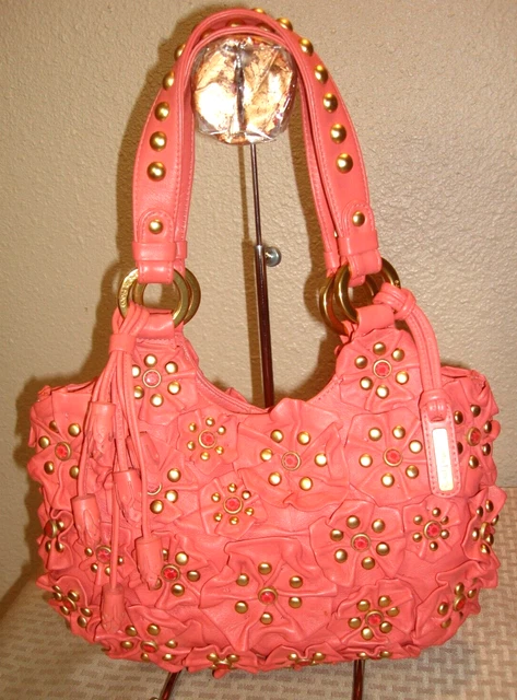 Isabella Fiore Stunning Coral Soft Leather Studs Jeweled Flowers Handbag MINT!