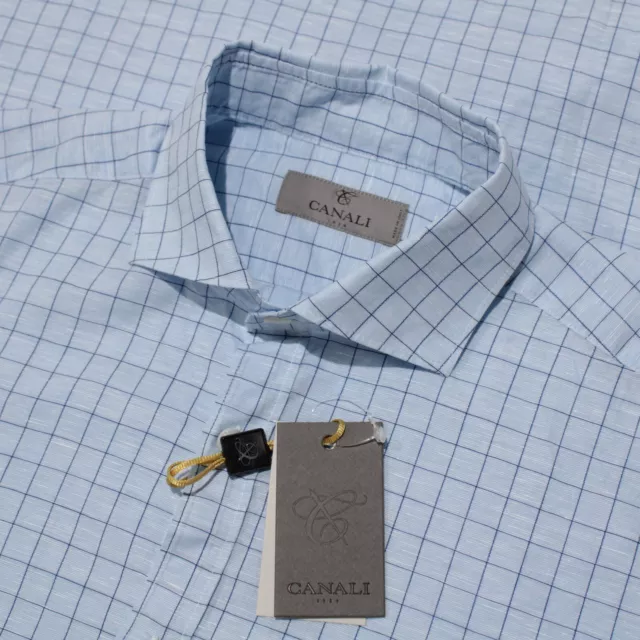 Canali NWT Casual Button Down Shirt Size Small in Blue Check Cotton/Linen Blend