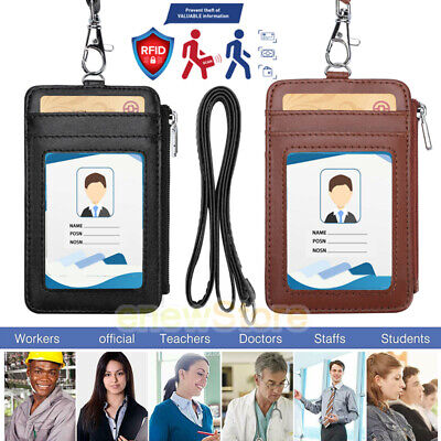 ID Badge Holder Lanyard RFID Credit Card Case Zipper Vertical Hang Neck MenWomen