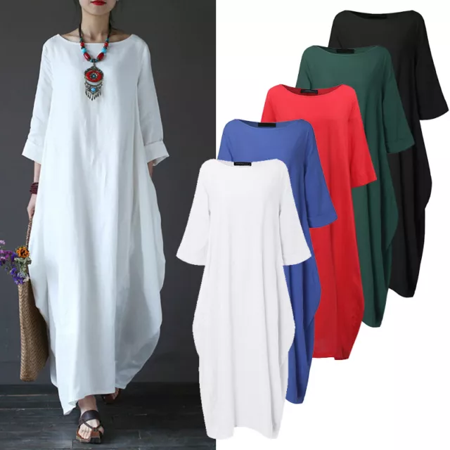 Women's Kaftan Batwing Loose Long Maxi Shirt Dress Linen Cotton Robes Tops Gown