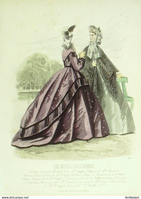 Gravure Modes parisiennes 1864 n°1102 Robe satinée brodée et châle dentelle