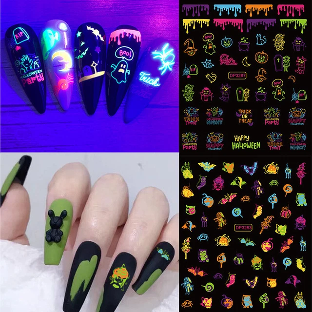 3D Halloween pegatina de uñas brillantes fluorescencia pegatina calabaza giro,