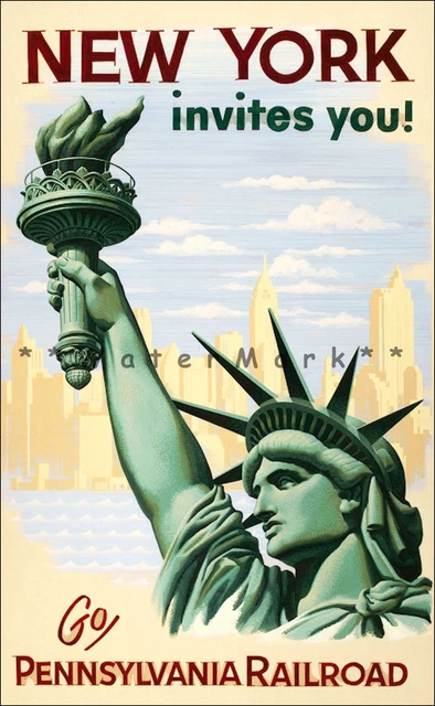 New York Invites You Statue Liberty Pennsylvania Railroad Vintage Poster Print
