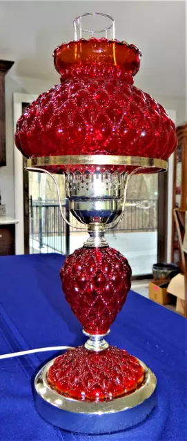 Ruby Red Glass Diamond Quilt GWTW Parlor Table Hurricane Lamp Vtg MCM Fenton ???