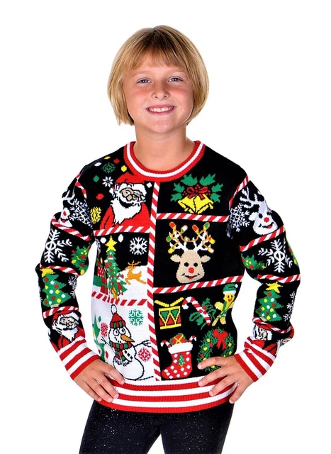 SoCal Look Girls Ugly Christmas Sweater Santa Clause Snowman Pullover Black