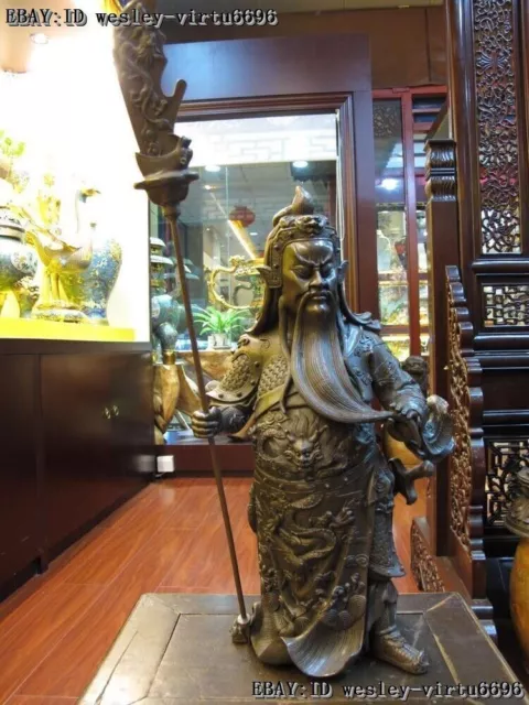 Chinese Pure Bronze Copper Dragon GuanGong GuanYu YunChang War God Buddha Statue