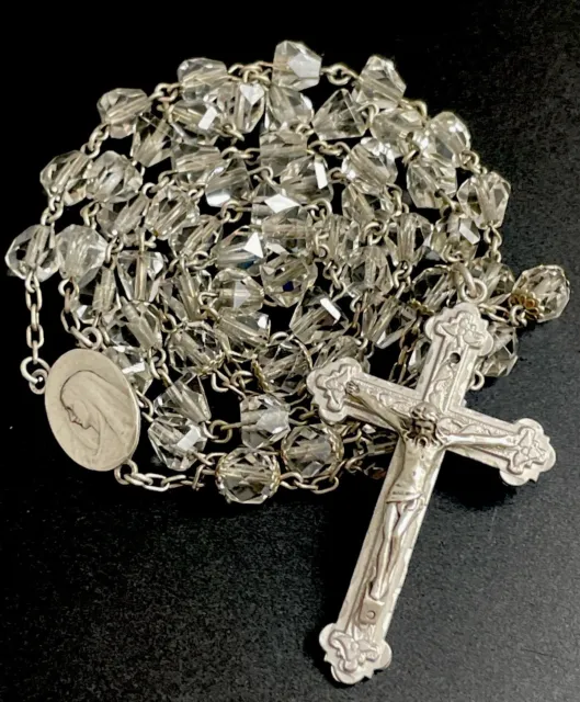 Rosario católico vintage de plata esterlina y cristal con lágrimas