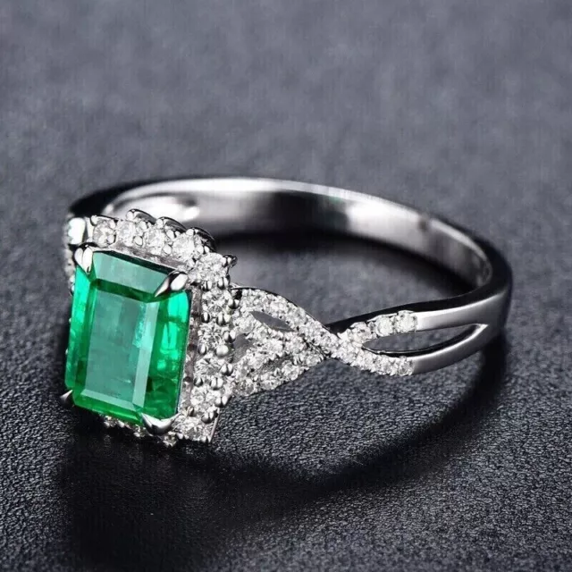 14k White Gold Plated 3.90Ct Emerald Cut Simulated Green Emerald Engagement Ring