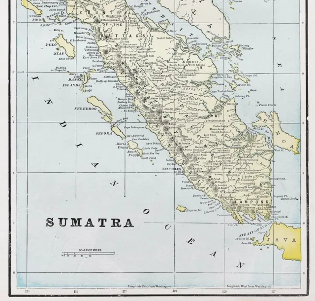 1896 Sumatra Map Indonesia Malay Peninsula Battacks Townships Villages ORIGINAL