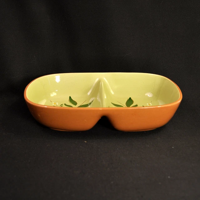Stangl Magnolia Divided Bowl Hand Painted Maroon Yellow Green Engobe 1952