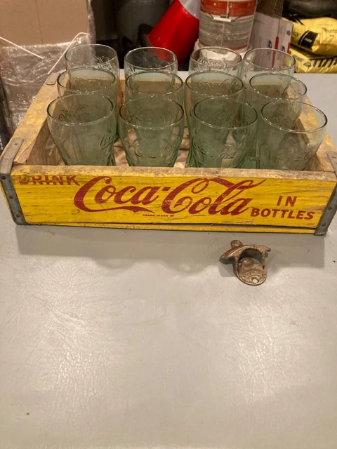 vintage coca-cola yellow wood crate with bottle opener and glasses