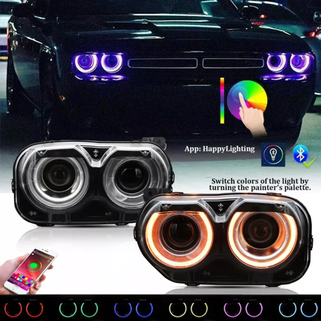 Pair LED Headlights RGB Color Change Lamps For 2015-2024 Dodge Challenger SE RT