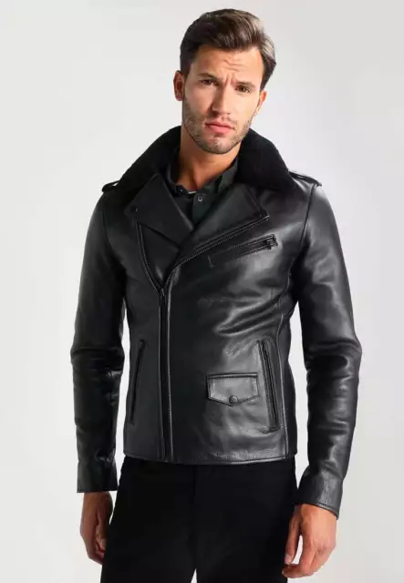 Black Leather Jacket Men Biker Moto Pure Lambskin Fur Collar Size S M L XL XXL