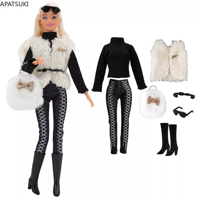 Winter Clothes Set For 11.5" Doll Outfit White Fur Vest Coat Top Pants Boots Bag