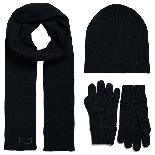 Guanti uomo Superdry vintage logo, sciarpa e berretto set scatola cappello nero