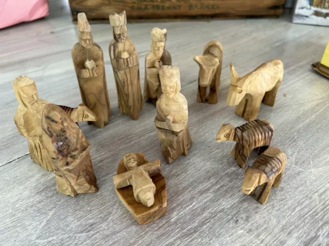 Hand Carved Wooden Nativity Set Primitive 13 Piece Set
