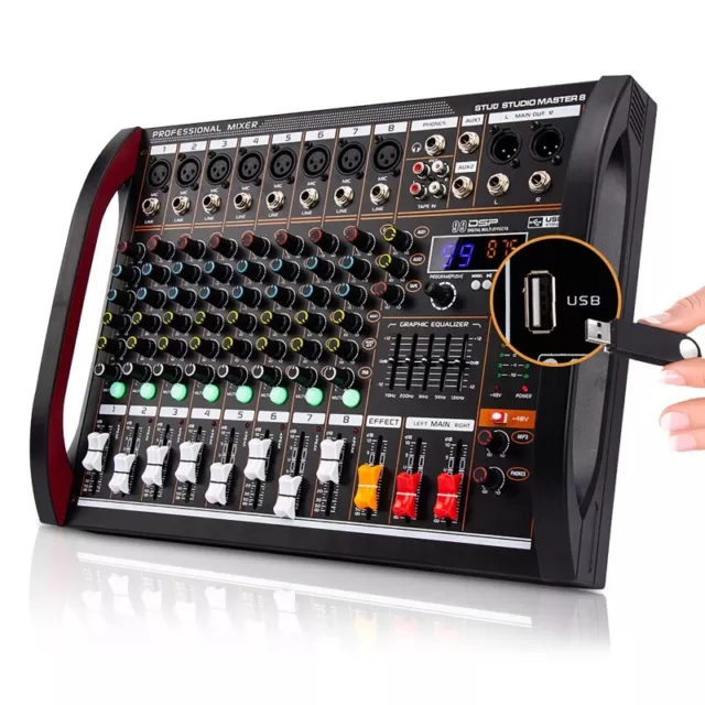 Professional 8 Channel Mini Audio Mixer USB Console Sound Card Studio Recording