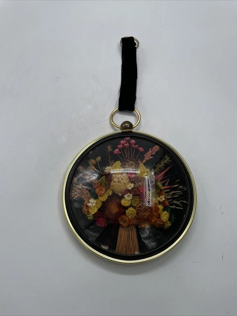 "De colección arte de pared flores secas marco redondo cúpula vidrio terciopelo colgador boho 6"