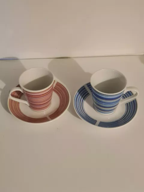 Duo de tasses à café et soucoupes à rayures rose et bleue