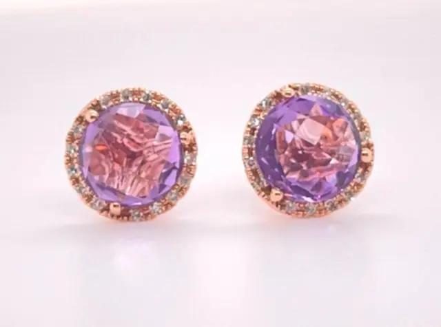 14K Rose Gold Natural Round Amethyst & 0.20 ct Diamond Halo Stud Earrings