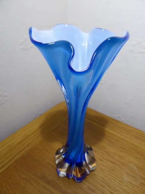 Murano Style Swung Glass Vase Blue Flared Twisted Glass Ribbed Texture Vintage