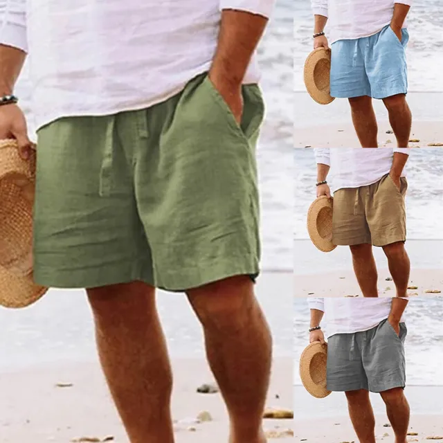Men Shorts Hawaiian Short Pants Pants Bottom Summer Beach Linen Cotton