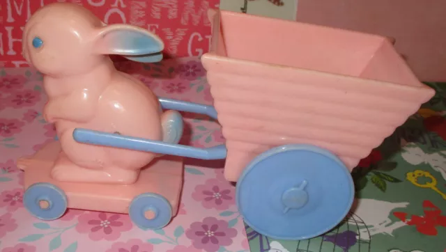 Vintage Knickerbocker Plastic Easter Bunny Rabbit with Tilting Cart Pull Toy