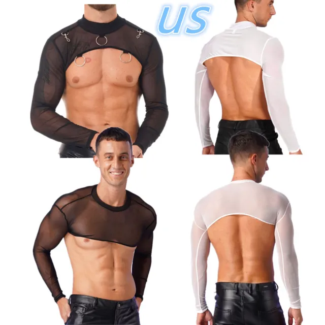 Sexy Mens Mesh Fishnet Sheer Arm Sleeves Shrug Crop Top T-shirt Clubwear  Costume