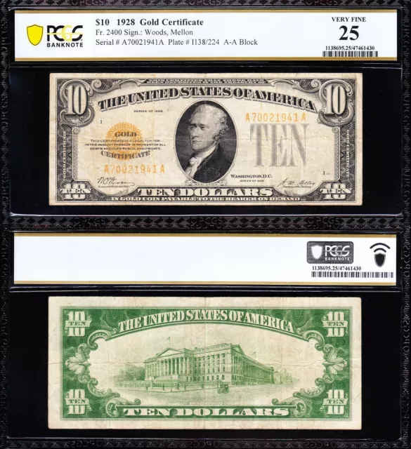 VERY NICE Bold & Crisp VF 1928 $10 GOLD CERTIFICATE! PCGS 25! FREE SHIP! 21941A