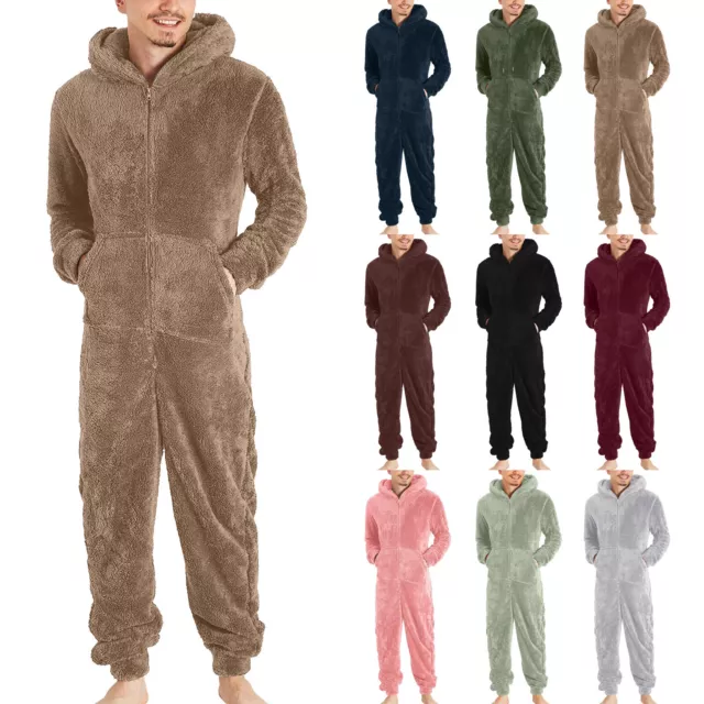 Mens Fleece Sherpa Jumpsuit Non Footed Pajama One Piece Playsuit  Hooded Romper