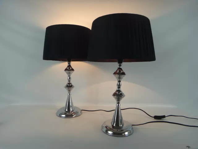 Pair New Bedside Designer Modern Style Table Lamp Black Round Shade Silver Base