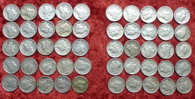 Roll of Silver Mercury Dimes, 50 USA Silver 10C Coins, Mixed Date, VF / XF Roll