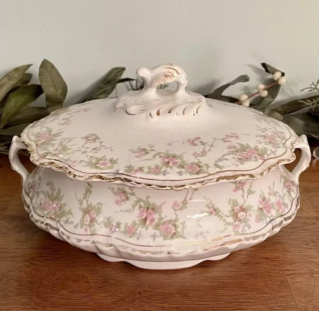 Antique Homer Laughlin Hudson Covered Tureen Bowl Floral Filigree Gold Trim H135