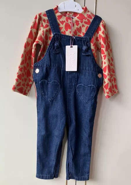 Ted Baker Girl Baby Blue Denim Dungarees Body Top Vest Red Heart 12-18 Months