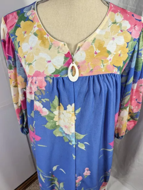 Miss Elaine Zip Up Robe Large Blue Floral Pockets Smocked Bodice FLAW