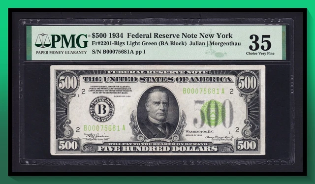 Fr. 2201-Blgs 1934 $500 Federal Reserve Note New York *Light Green Seal* PMG 35