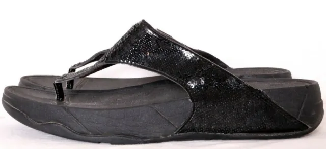 FitFlop Electra Black Sequin Slip-On T-Strap Toning Thong Sandal shoe Women's 10
