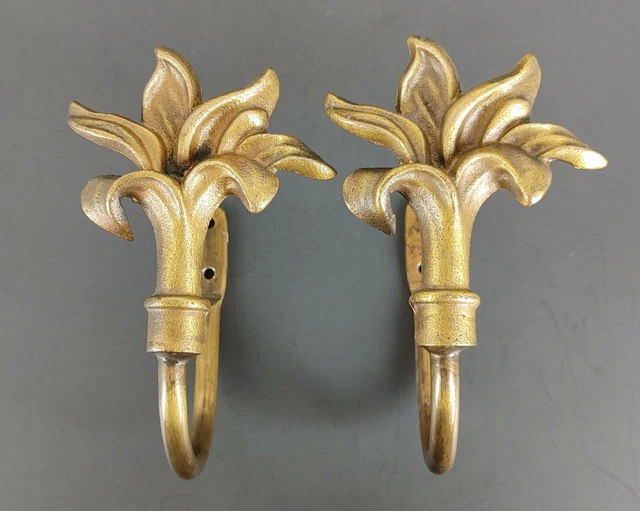 Imari Brass Curtain Rod Holders Pair/Set Floral Lily Hooks Hanger Vintage Unique