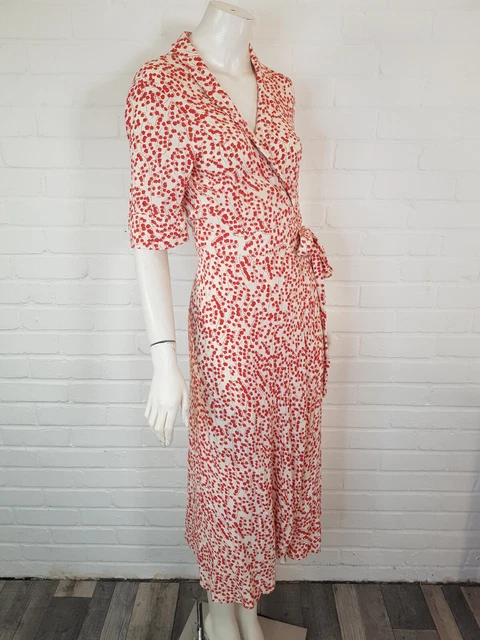 GANNI GOLDSTONE CREPE Wrap Midi Dress EU 38 UK 10 Ivory Red Floral
