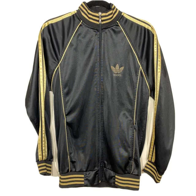Vintage Adidas Shiny Black & Gold Zip Track Suit Top Jacket Size M VGC