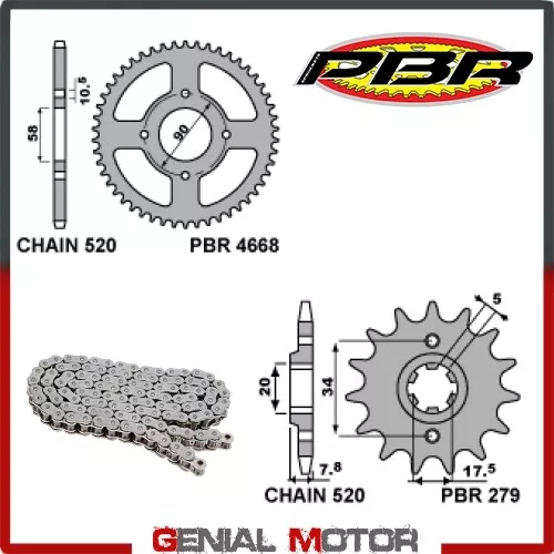 EK1516 Kit chaîne et pignons 14 / 41 / 520 PBR HONDA VT-C SHADOW 1999 > 2005